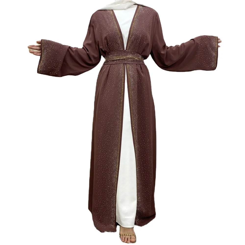 Dubai UAE Hot Sale Nida Material Rhinestone Pure Color Open Style Dubai Abaya