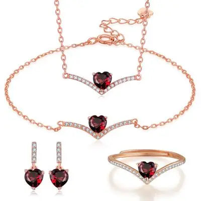 Heart Shape Natural Garnet Diamond Pendant Necklace Chain Bracelet Drop Earrings Adjustable Open Ring Women Valentine Jewellery