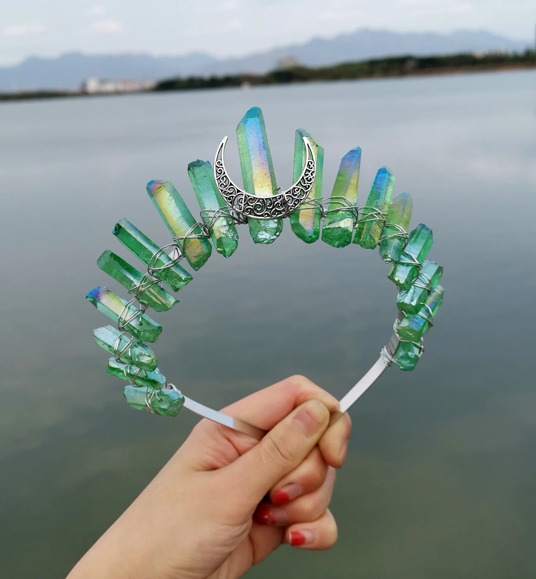 DIY Best Sale Colorful Green Moon Wicca Wizard Crown Hairband Beauty Green Crystal Comb Hairband Brides Hair Combs