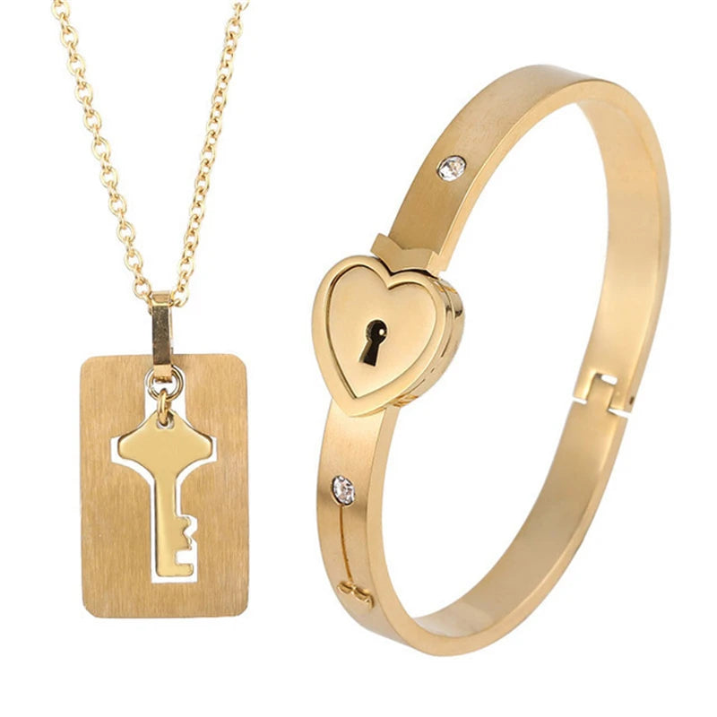 Key and Lock Stainless Steel Couple Jewelry Sets Necklace Bracelet