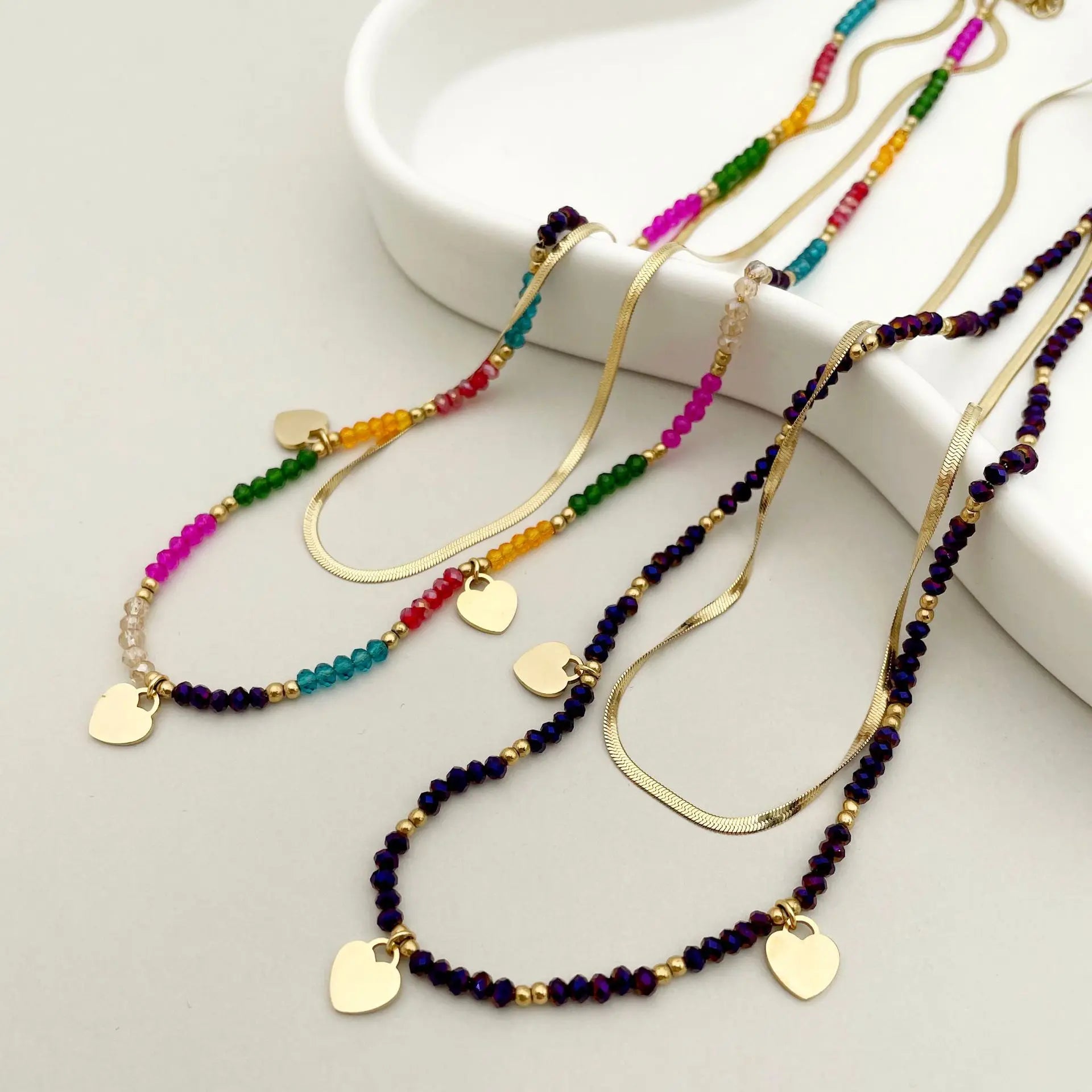 Bohemian Art Style Double-blade Heart Pendant Colorful Hand-beaded 14K Gold Titanium Steel Women Necklace