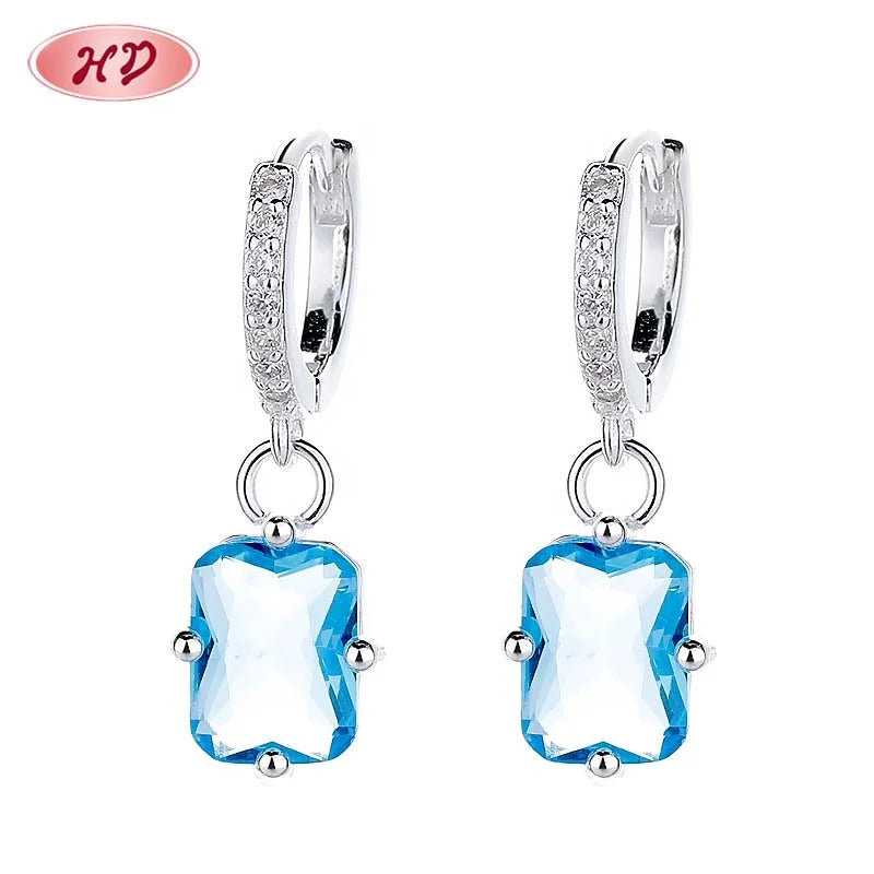Hendian Blue Square Fashion Jewelry Vintage Cubic Zircon for Girls Hypoallergenicity 925 Drop Wedding Earrings Women