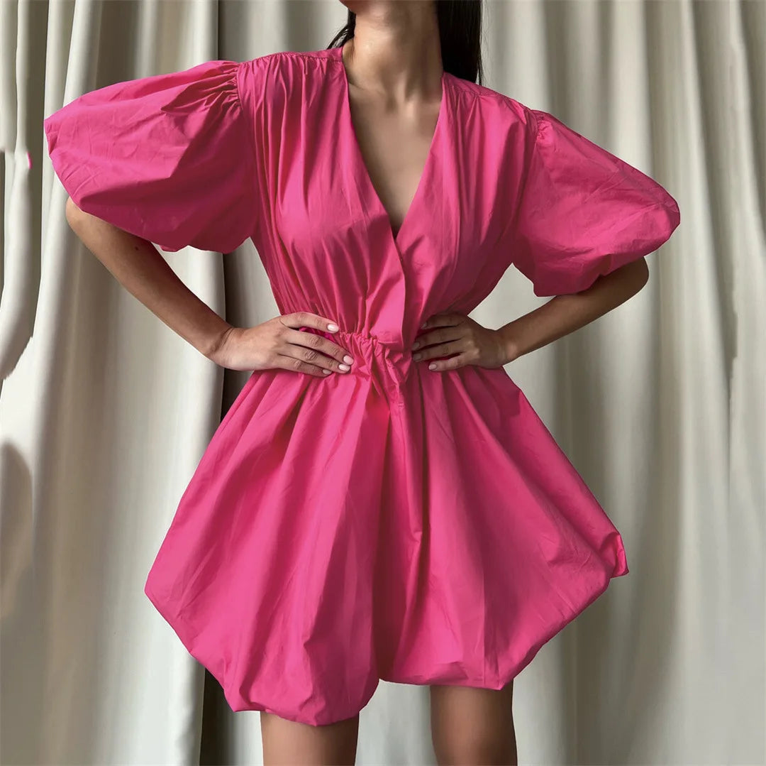 Enyami Summer Hot Sale Elegant V Neck Casual Dress White Pink Cotton Women Puff Sleeve A-line Dresses