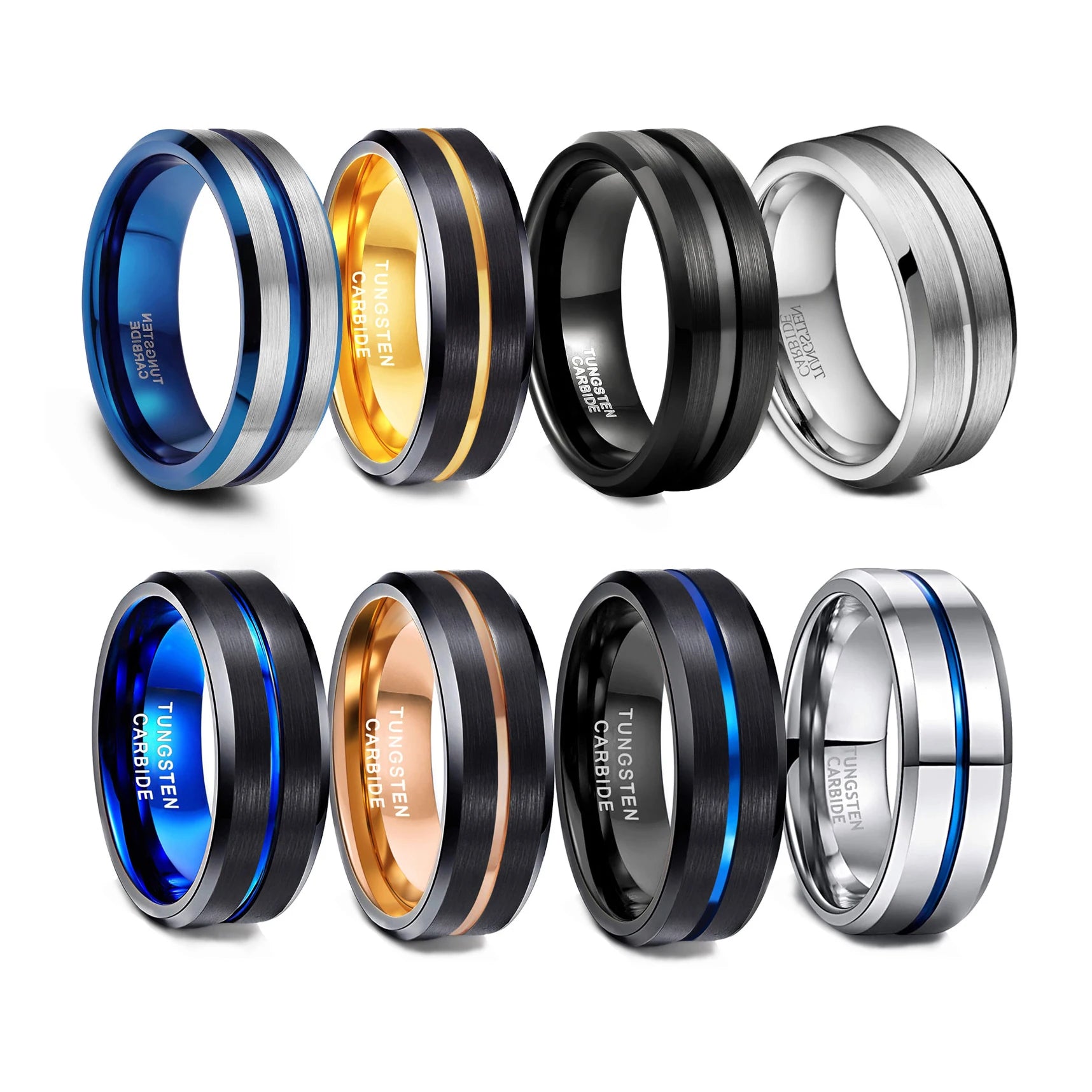 OAHLAN 8mm Free Engraving Men Black Tungsten Carbide Rings Thin Blue Line Inlay Women Wedding Band Gold Plated Invisible Setting
