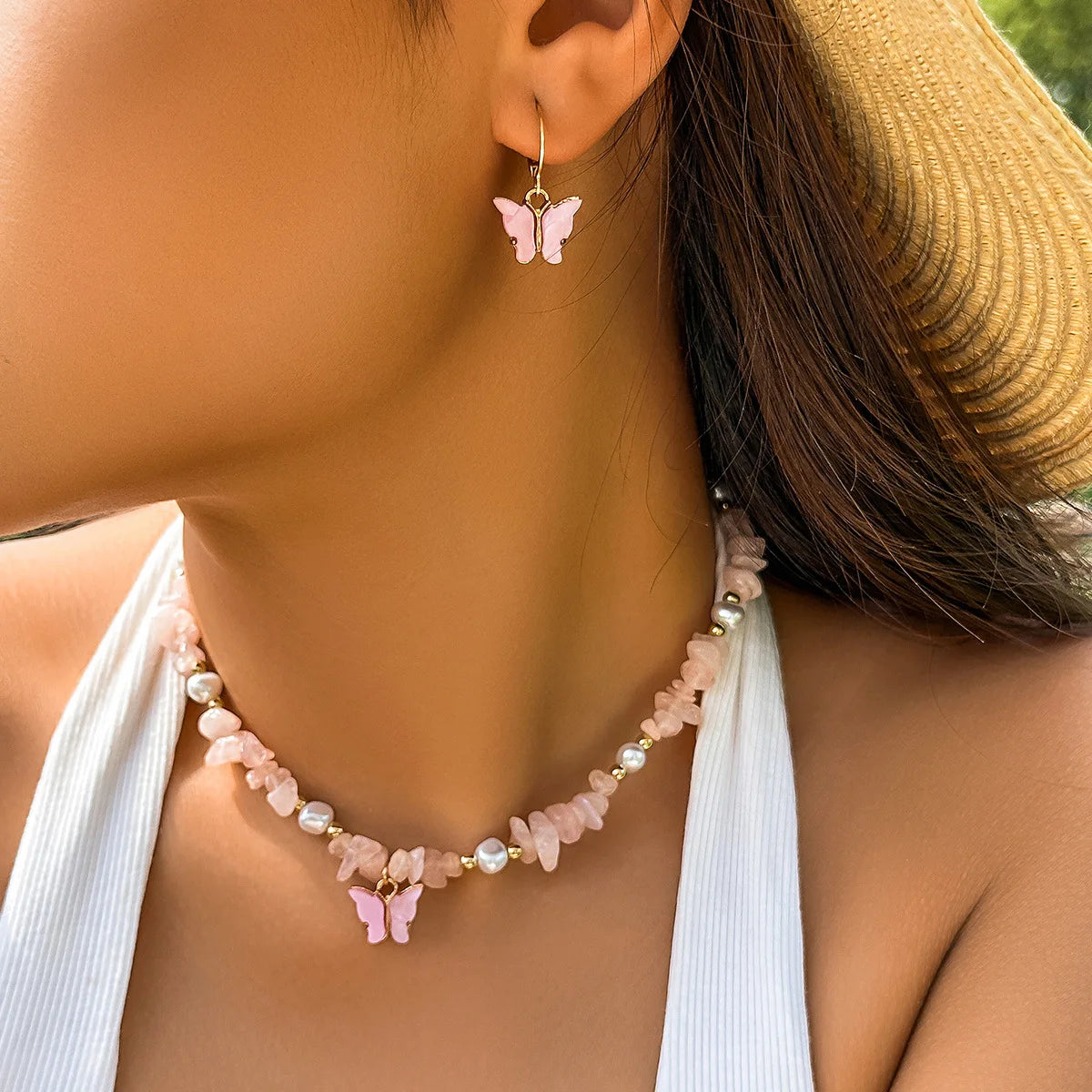 Bohemia Women's Quartz Irregular Bead Choker Necklace and Earrings Set Butterfly Style for Wedding and Party