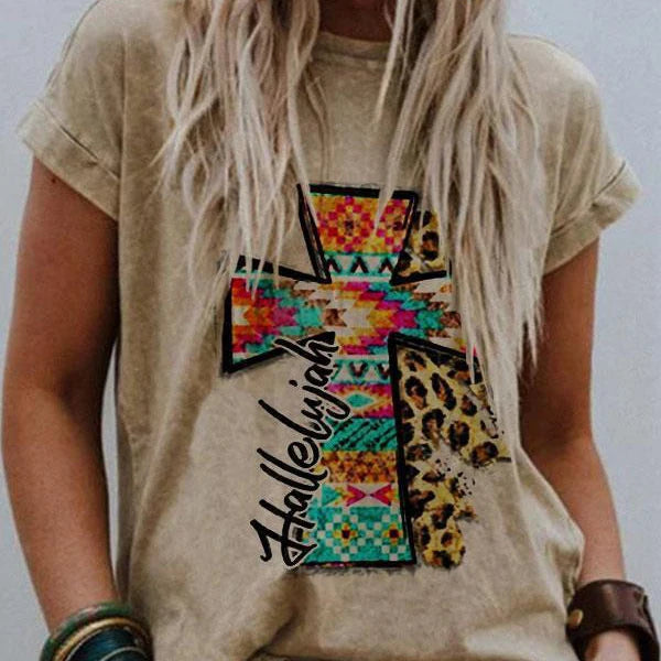 Custom Summer Women Cowgirls Western Round Neck Shorts Sleeved Tee Tops Clothing Female Cross Leopard Printed T Shirts