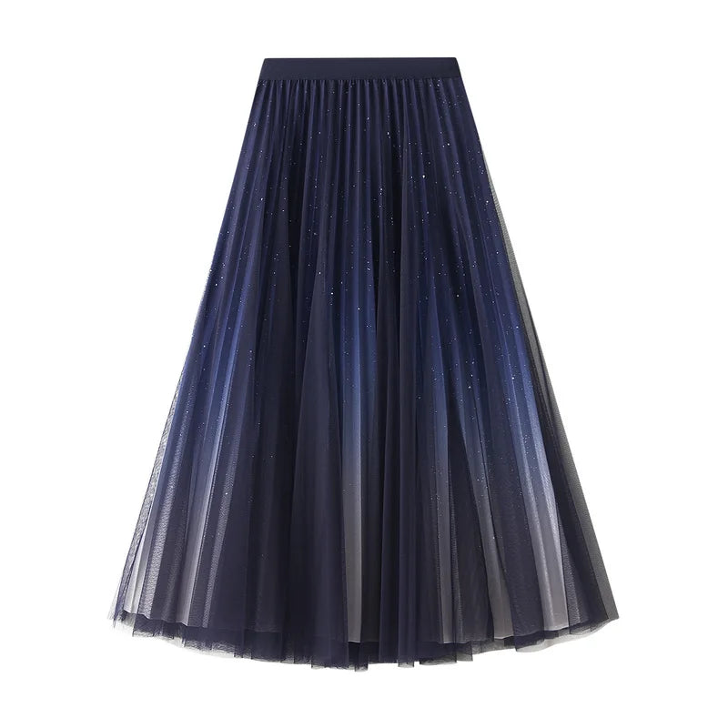 New Style Fashion Formal Casual High Waisted Mid Length Skirt Women'S Glitter Embellished Pleated Tulle Skirt