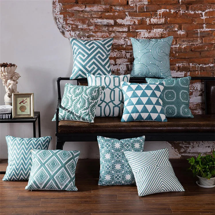 Dark Teal Farmhouse Accent Geometric Window Grille Decor Embroidered Throw Pillows Cases Cushion Cover/