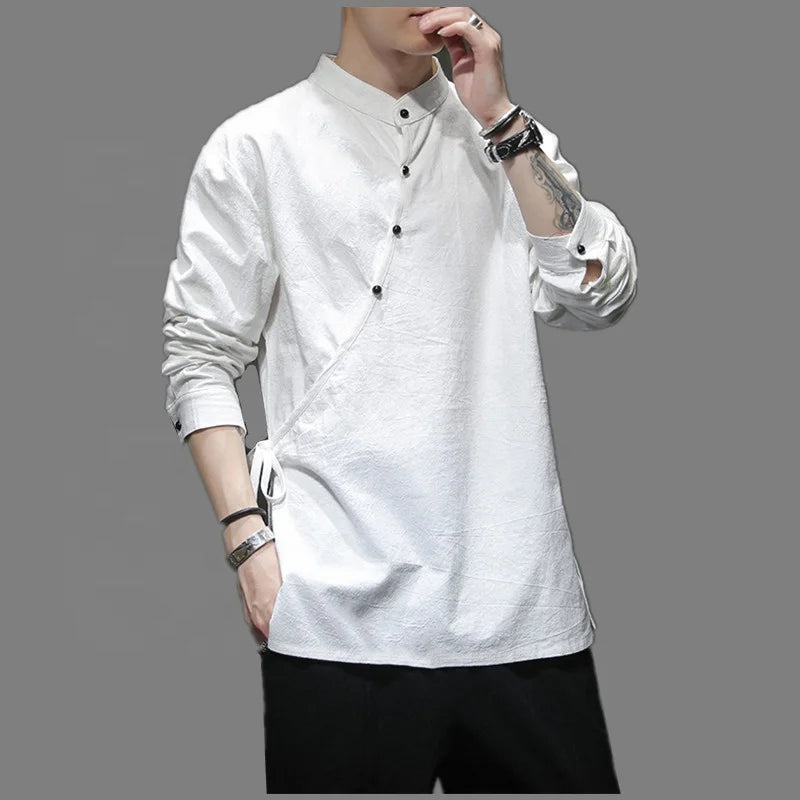 Mens Chinese Style Hemp Shirt Cotton Linen Tang Suit Hanfu Retro Stand-up Collar Zen Clothes Harajuku Tops Clothes Men Clothing