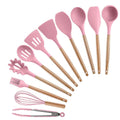 Heat Resistance 12 Piece Nonstick Wood Handle and Silicone Kitchen Cooking Tools Cuisine Utensils Set With Holder for Wholesale