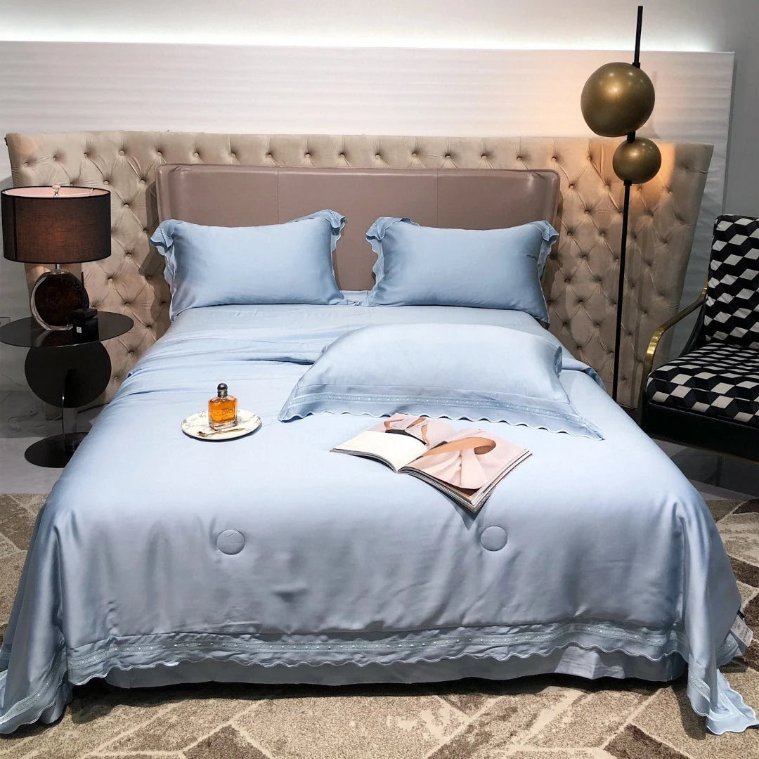 Wholesale Luxury Blue Queen Bedding Solid Color Summer Lyocell Fiber Bed Sheet Thin Quilt Sets