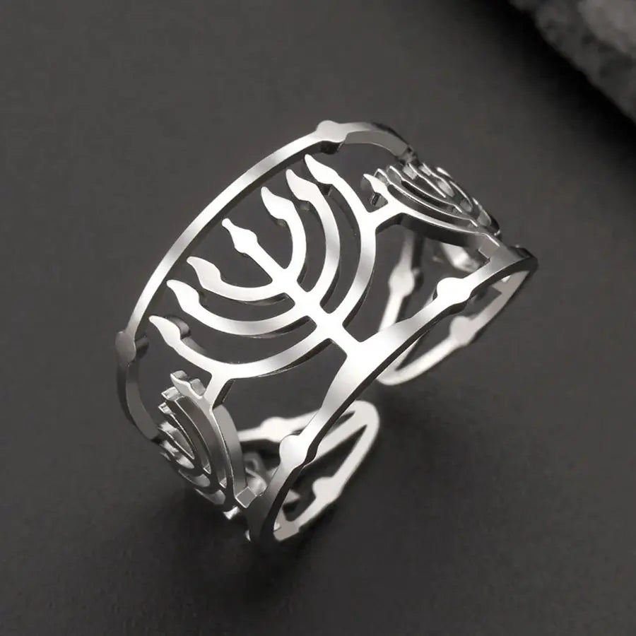Myshape Jewish Menorah Ring Jerusalem Symbol Hanukkah Chanukah Gift Judaic Jewelry Stainless Steel Adjustable Rings