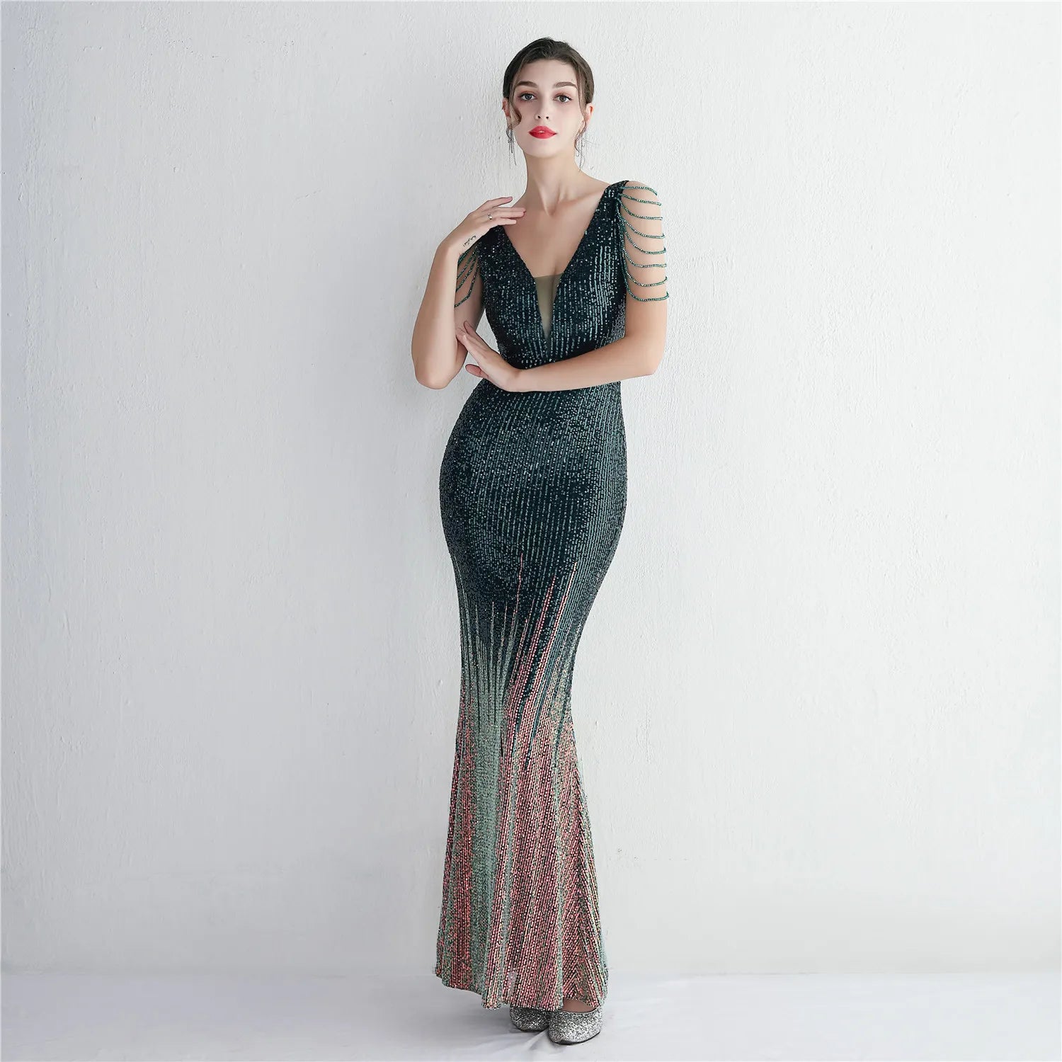 19603# Long Banquet Slim-fit Temperament Elegant Cold Vertical Stripe Gradient Bead Evening Dress