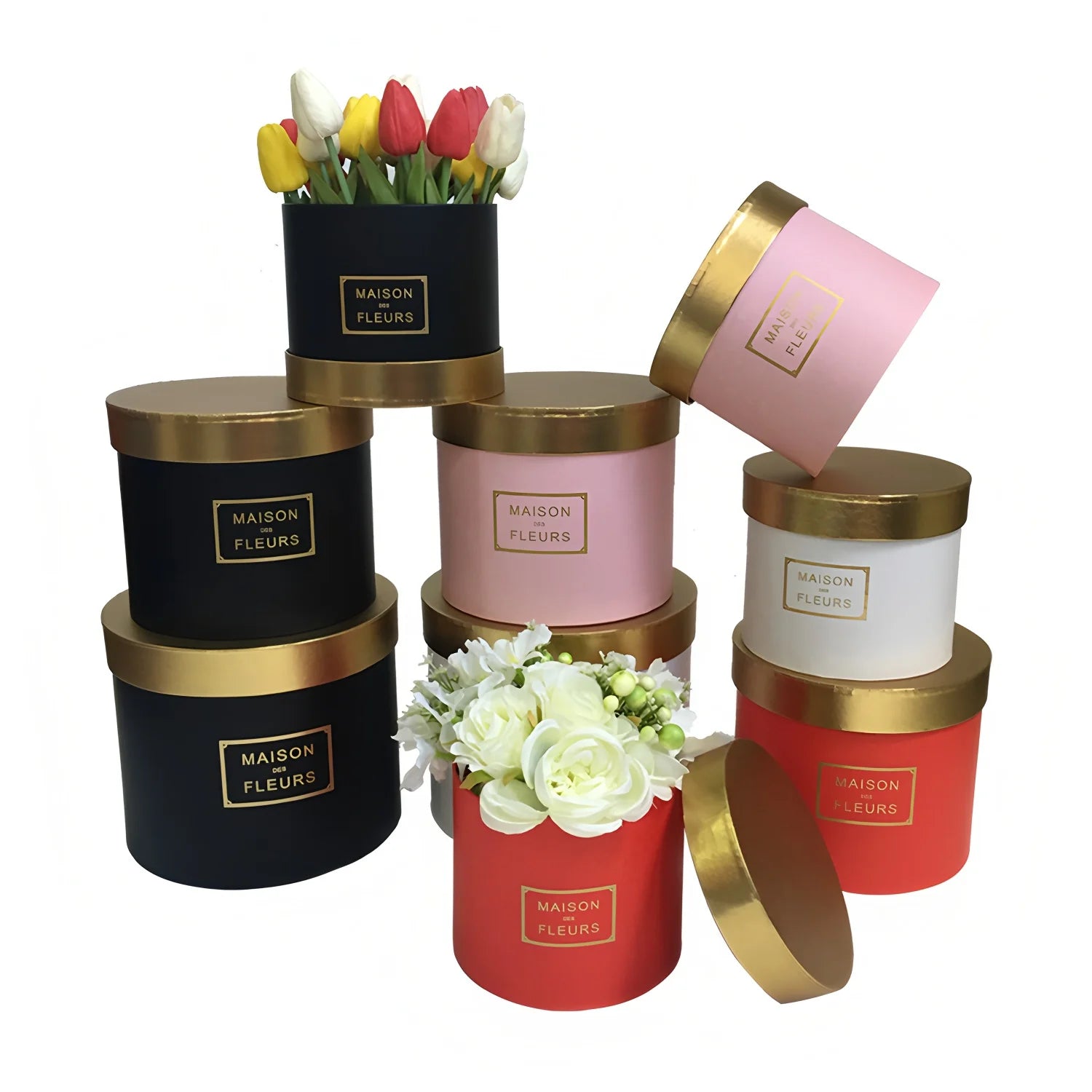 High-End Golden Spliced Round Hugging Bucket Flower Box Three-Piece Set Waterproof High-Grade Flower Gift Packaging