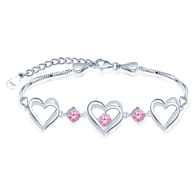 Luxury Three Heart 925 Sterling Silver Crystal Bracelet for Women