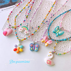 Hot Sale Colorful Beaded Necklace Childish Cartoon Cute Children Butterfly Love Bone Chain Girl Jewelry Necklace