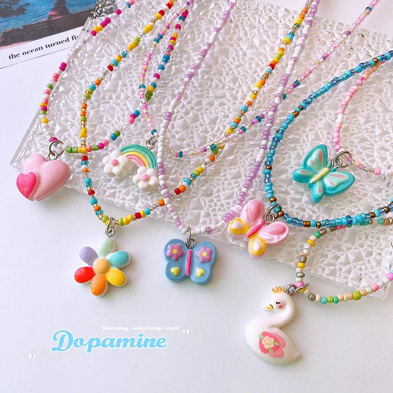 Hot Sale Colorful Beaded Necklace Childish Cartoon Cute Children Butterfly Love Bone Chain Girl Jewelry Necklace