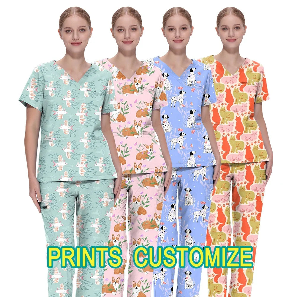 Custom Plus Size Printed Scrubs Top Womens Surgical Suit Medical Clothes Shirt Nurses Scrub Uniform Sets