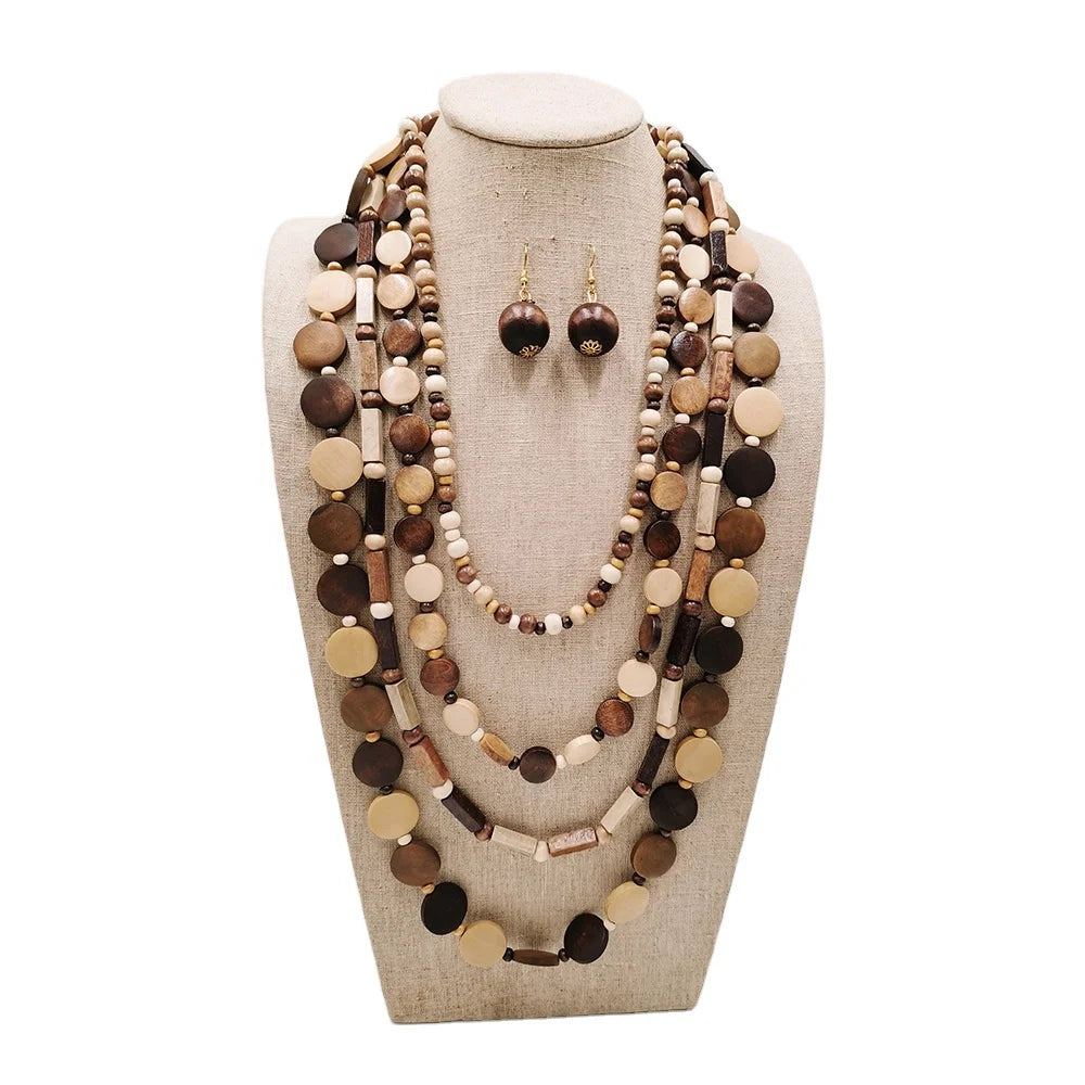 Trendy Vintage Multiple Rows of Wood Beads Long Necklaces Natural Neutral Round Disc Flat Rectangle for Women