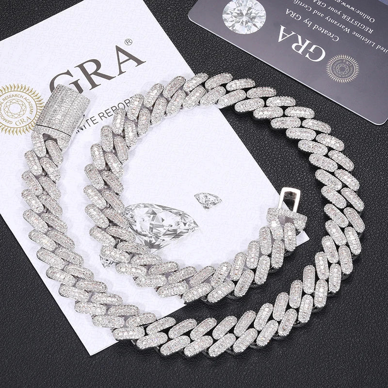 Pass Diamond Tester 14mm 925 Sterling Silver VVS Baguette Moissanite Iced Out Pill Shape Miami Cuban Link Chain Necklace