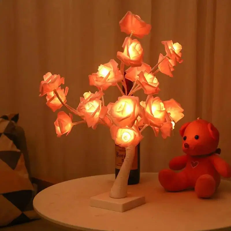 Modern Indoor Christmas Home Ornament Battery-Powered LED Light Tree with Fairy Rose Plastic Flower Decoration Stand MegaBDM
