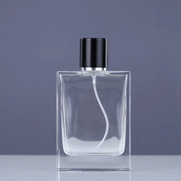 Cosmetic square 105ml Glass Perfume Bottle With Gold and Sliver Spray Pump