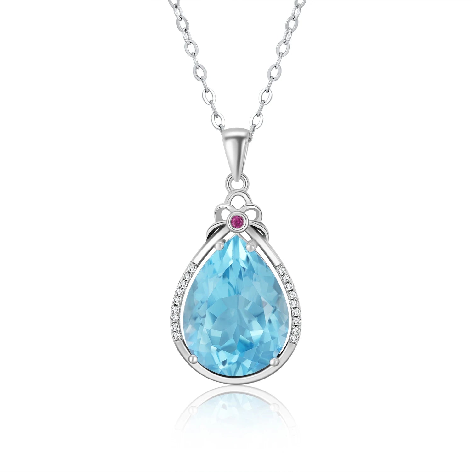 YBO Vintage Fine Jewelry 925 Sterling Silver Necklace 12x16MM Natural Pear Blue Topaz Water Drop Pendant for Wedding Clavicle