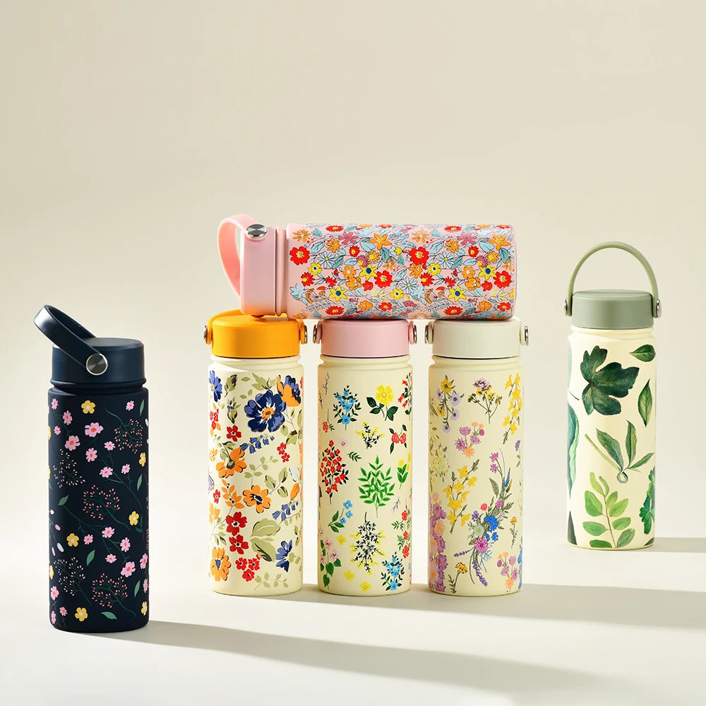 New Stainless Steel Sports Kettle 500ml Wide Mouth Portable Water Bottle for Outdoor Sports Printed Insulated Cup for Students