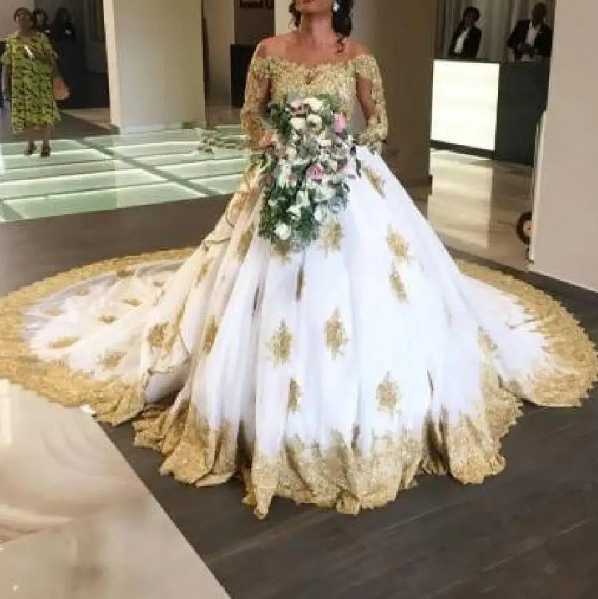2023 Custom Made Plus Size Long Gold Dubai Ball Gown Wedding Dresses Off Shoulder Traje De Novia Boda African Wedding Dresses