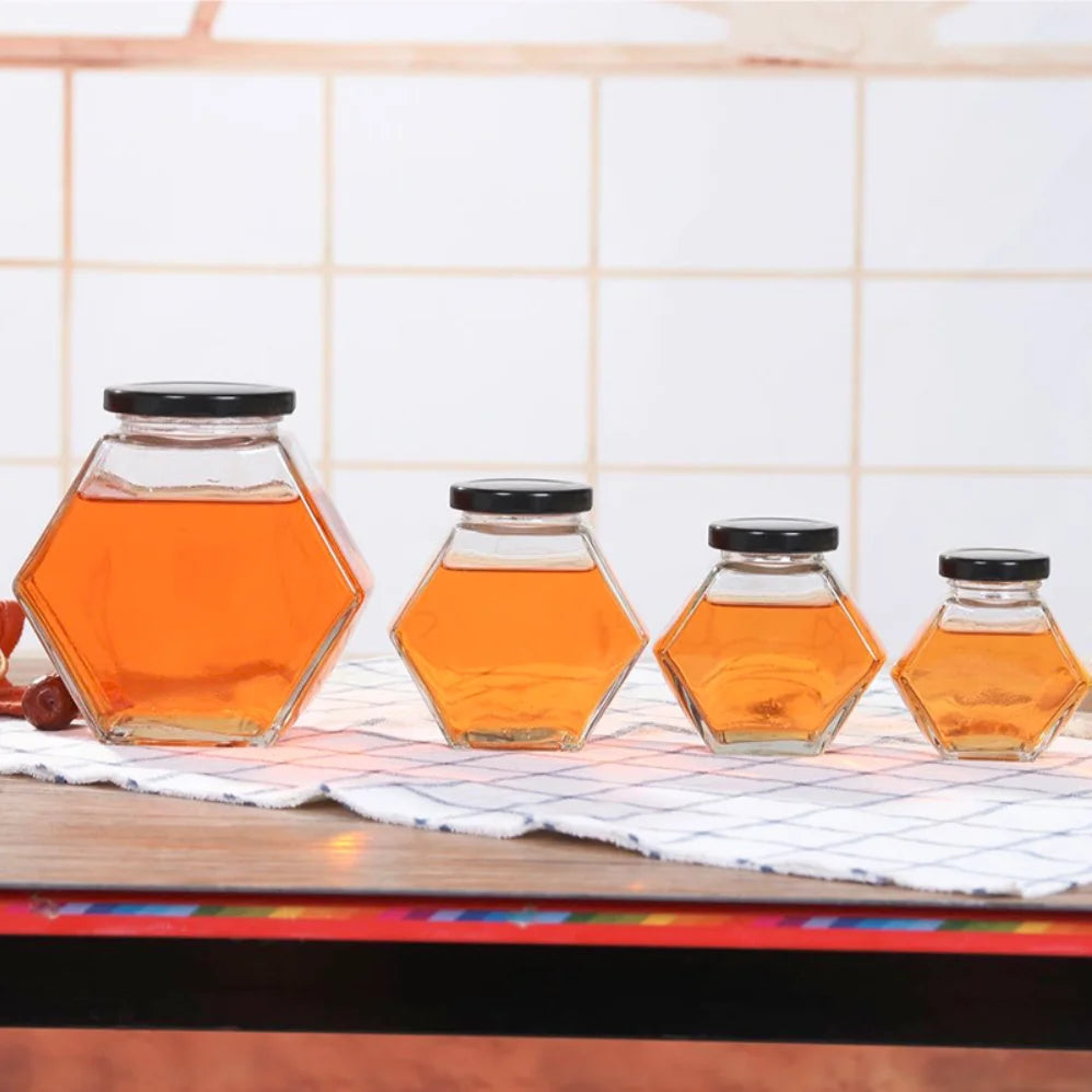 Refillable Hexagonal Glass Honey Jar Jam Jar with Metal Cap Food Grade Wholesale 100 ml 220 ml 360 ml