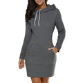 RNSHANGER Autumn Ladies Knee-Length Dress Hooded Warm Sweatshirt Long Sleeve Camp Collar Pocket Simple Casual Sports Dress