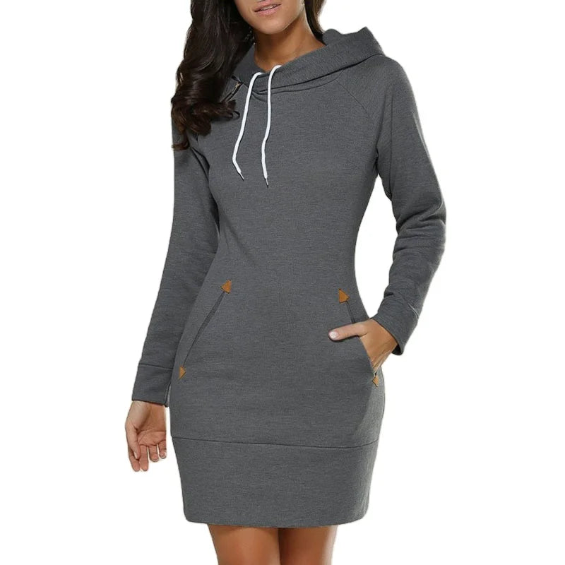 RNSHANGER Autumn Ladies Knee-Length Dress Hooded Warm Sweatshirt Long Sleeve Camp Collar Pocket Simple Casual Sports Dress