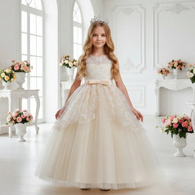 Western Style Round Neck Children's Princess Party Dress Elegant pink Girl Wedding Gown for 12Y Polka Dot Girl Evening Dress