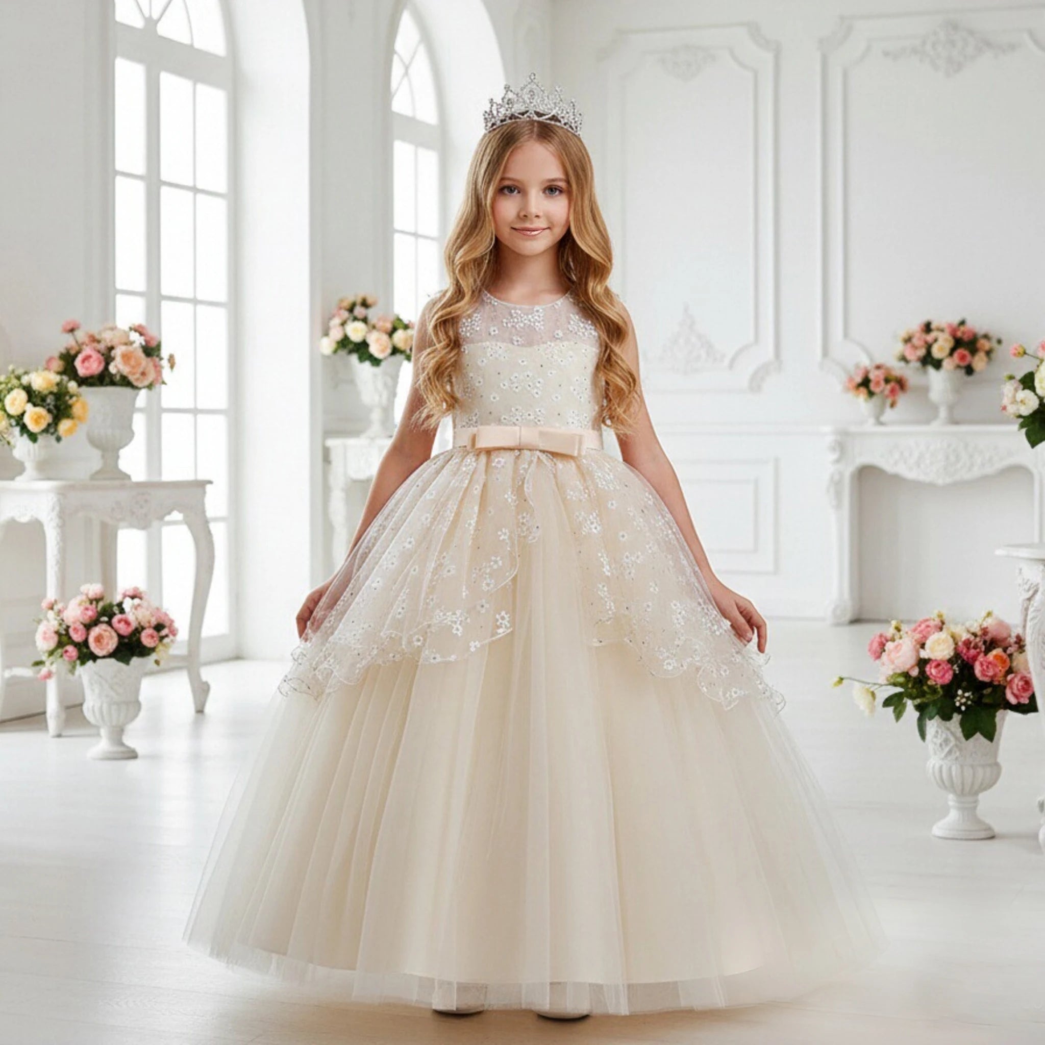 Western Style Round Neck Children's Princess Party Dress Elegant pink Girl Wedding Gown for 12Y Polka Dot Girl Evening Dress
