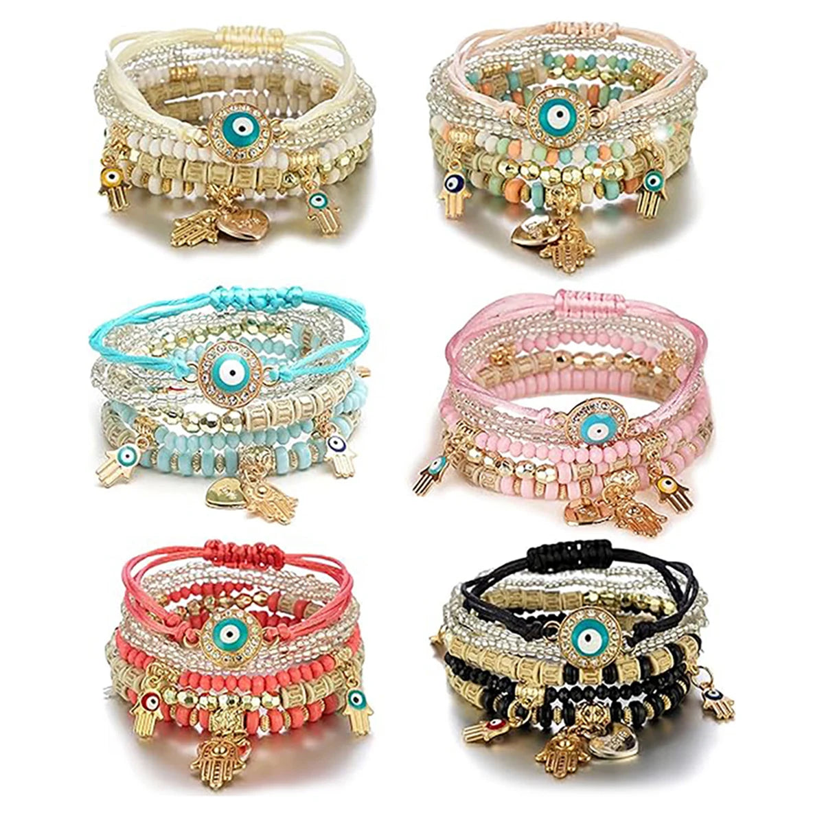 Factory Direct Sale Adjustable Boho Hamsa Hand Bracelet Jewelry Custom Ladies Bohemian Beaded Evil Eye Bracelet Sets 2026