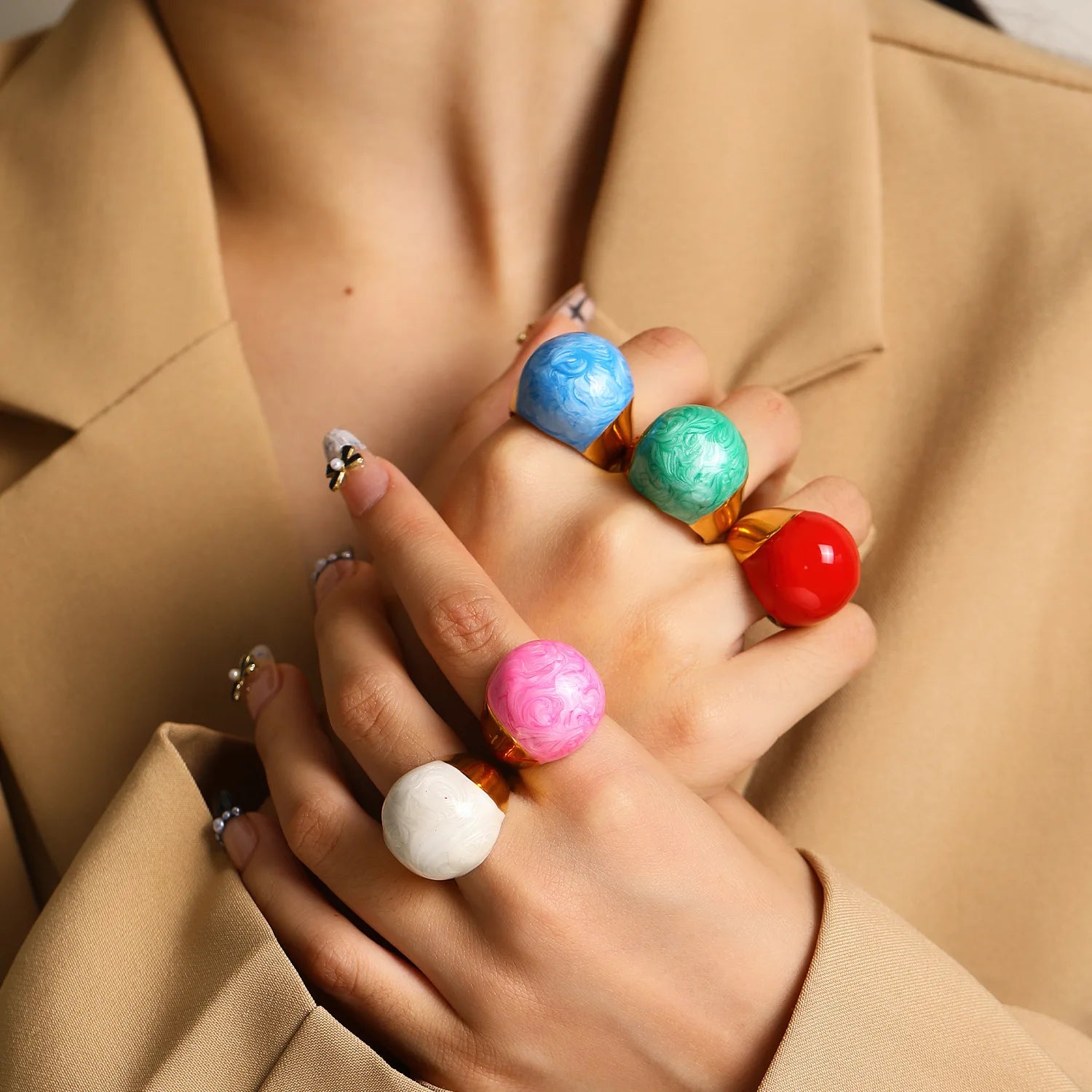 Custom 18K Gold Plated Waterproof Stainless Steel Enamel Dripping Glaze Rings for Women