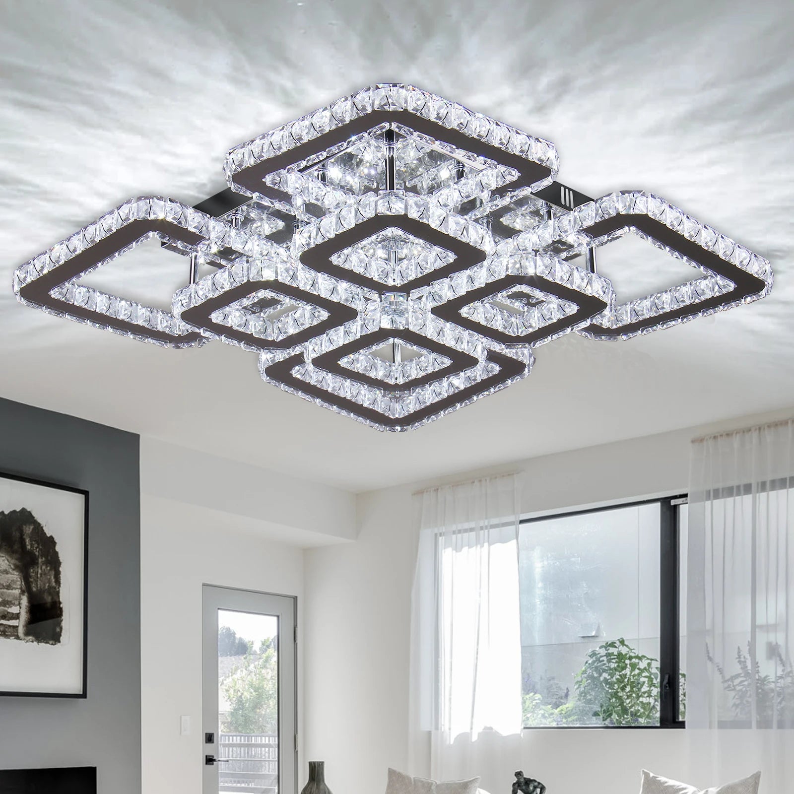 19.6'' Luxury Modern LED Chandelier Ceiling Light Square Crystal with Middle Lamp Sizes for Room for Home Use