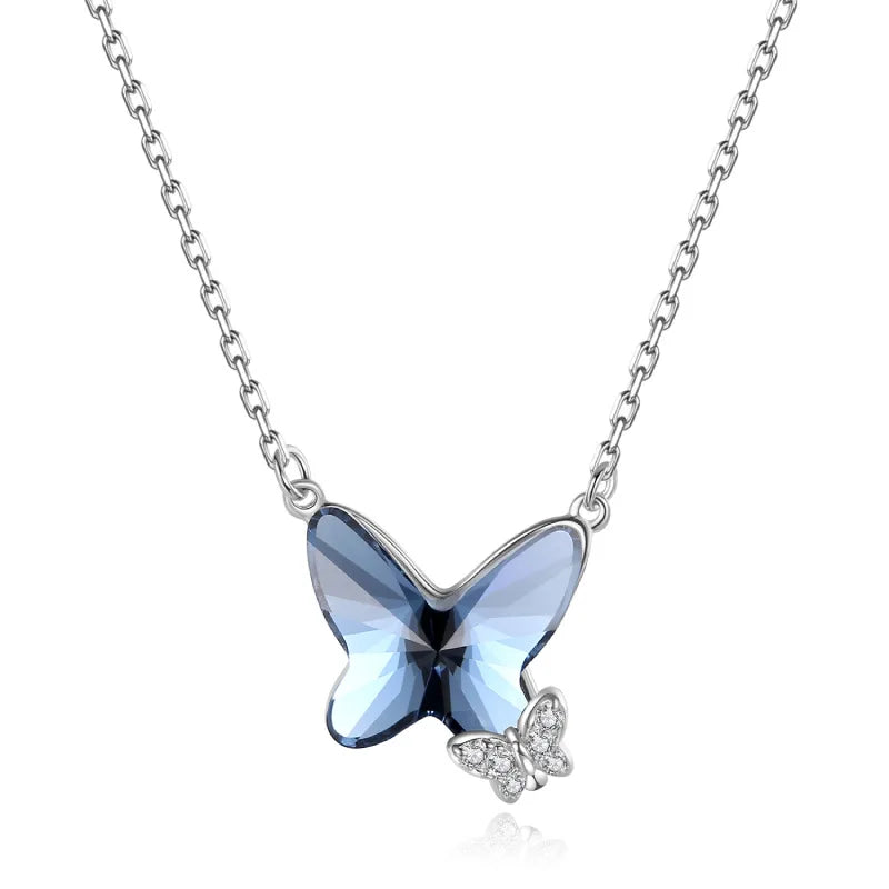 Tendry 925 Sterling Silver Rhodium Double Butterfly Pendant Necklace Cubic Zircon Blue Crystals Trendy Style for Parties Gifts