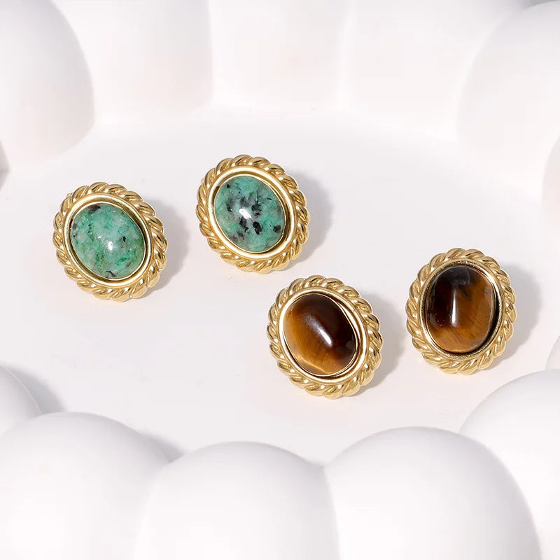 2026 New Hot Jewelry French Retro Tiger Eye Stone Stainless Steel Stud Earrings for Women Trendy Party Accessory