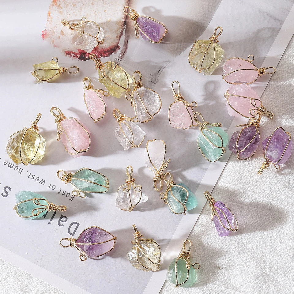 Irregular Gemstone Natural Stone Crystals Healing Stones Wire Wrap Rock Raw Clear Rose Quartz Pendant Necklace Jewelry