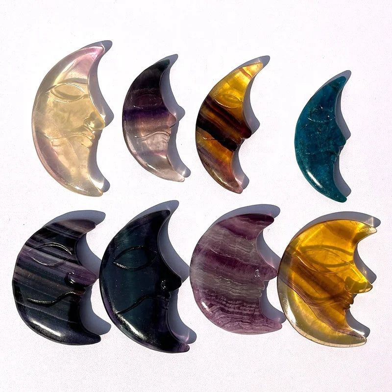 Wholesale Natural Carving Polished Mixed Rainbow Fluorite Moon Face Shaped Crystals Healing Stones for Gifts