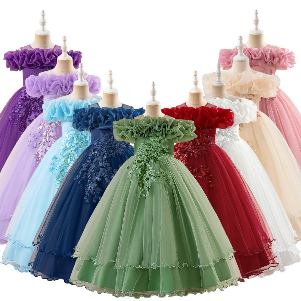 FSMKTZ Popular Design Girls Princess Dress Birthday Party Dress for Kids Sequin Flower Elegant Children's Wedding Dress