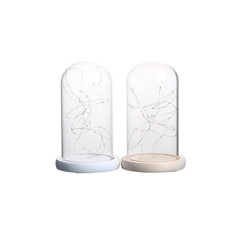 Manufacturer LED Light Eternal Flower Glass Dome Cover Doll Statue Dust Cover Dust Dome Wood Base with Light