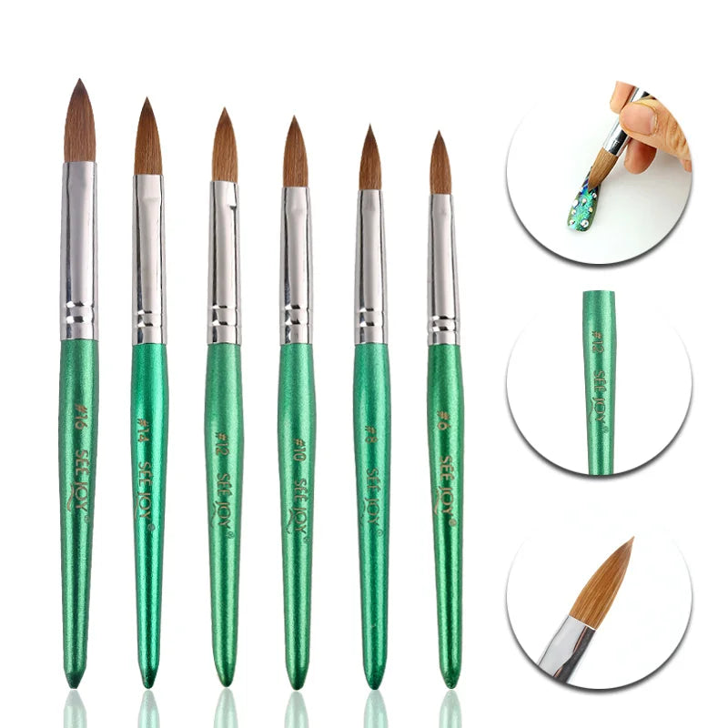 Custom Made Premium Kolinsky Hair 100% Green Handle Nail Brush with Size 6 8 10 12 14 16