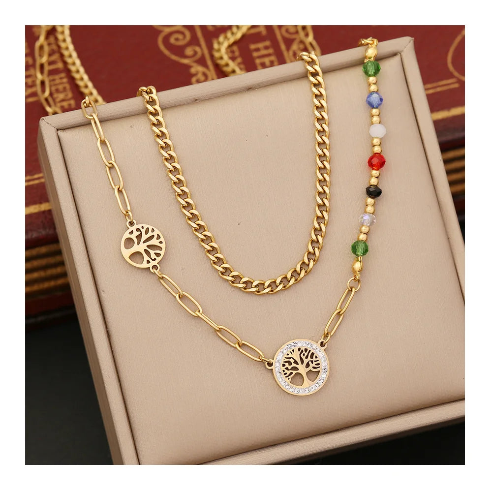 New Arrival 18k Gold Plated Tree of Life Cross Double Layered Necklace Women Pearl Pendant Necklace