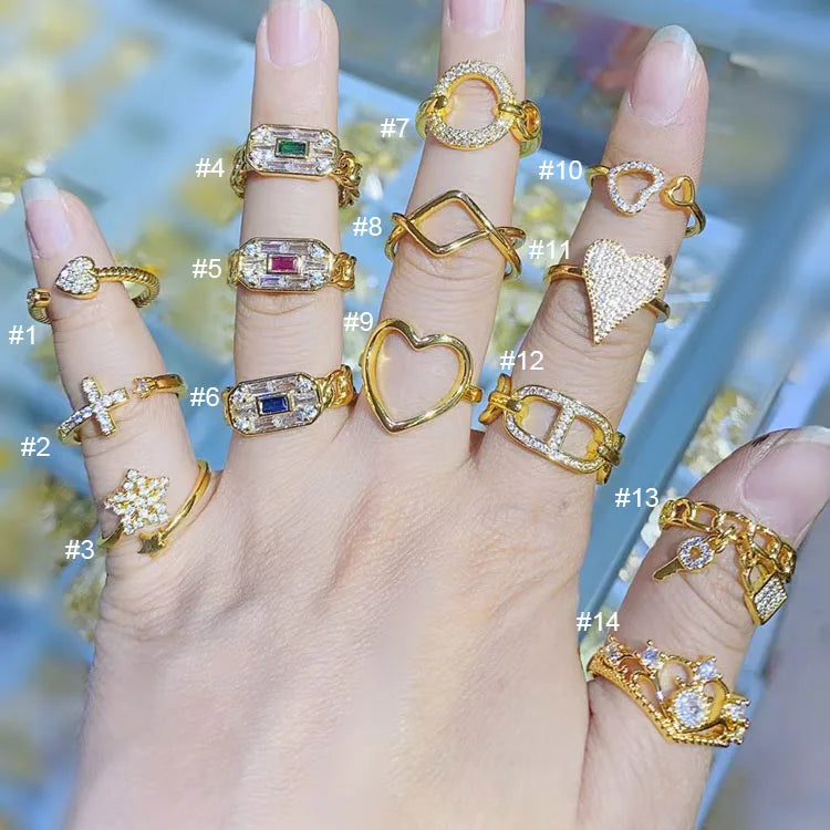 RM1195 Fashion 18k Gold Plated CZ Micro Pave Heart Cross Crown Stack Rings for Ladies