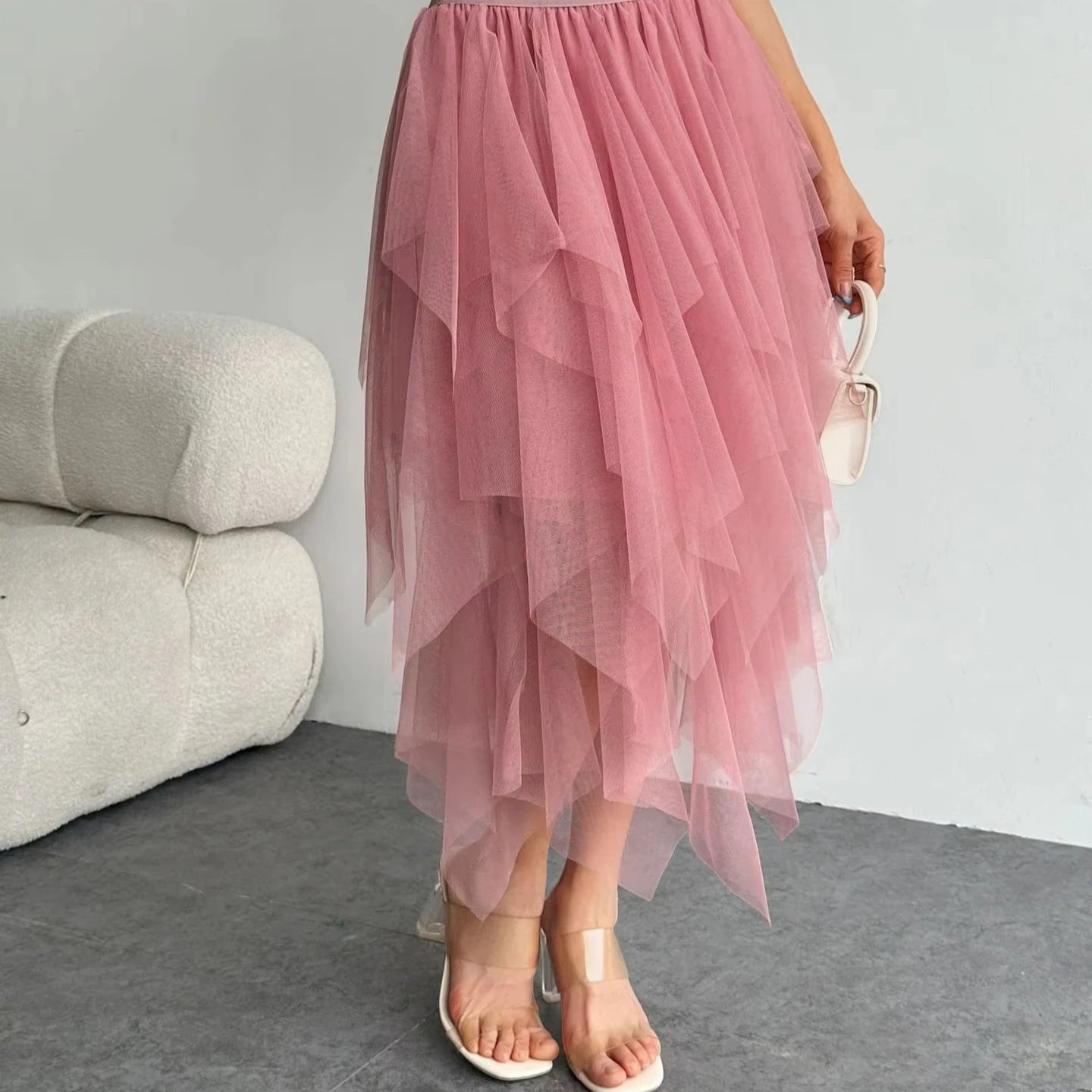 Women's Summer Half-Length A-Line Fluffy Gauze Skirt Irregular Mesh High Waisted Versatile Slimming Natural Waist