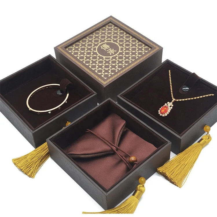 Factory Outlet Jewelry Box Brown Tassel Ribbon Heritage Ancient Gold Necklace Box Bracelet Box