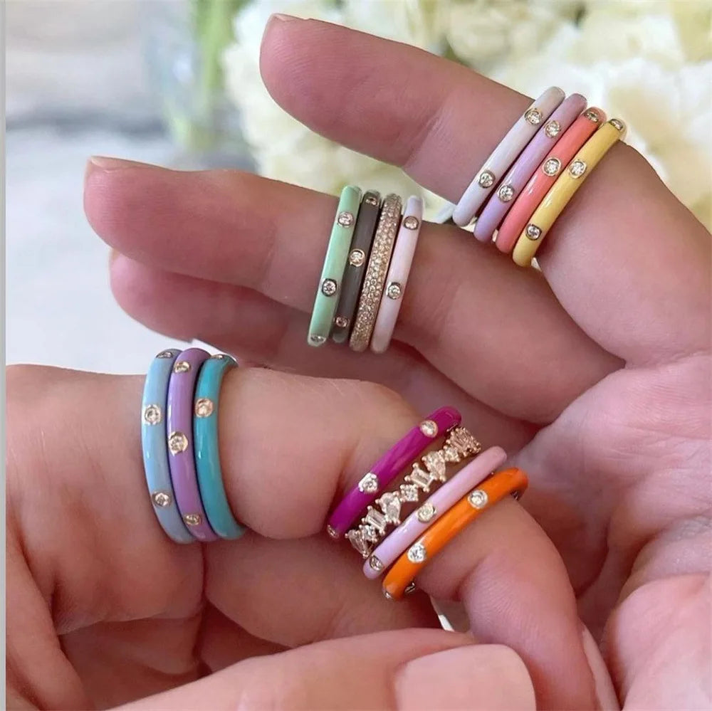 INS Hot Sale 18K Gold Plated Ring Simple Fashion Colorful Zircon Rings for Women