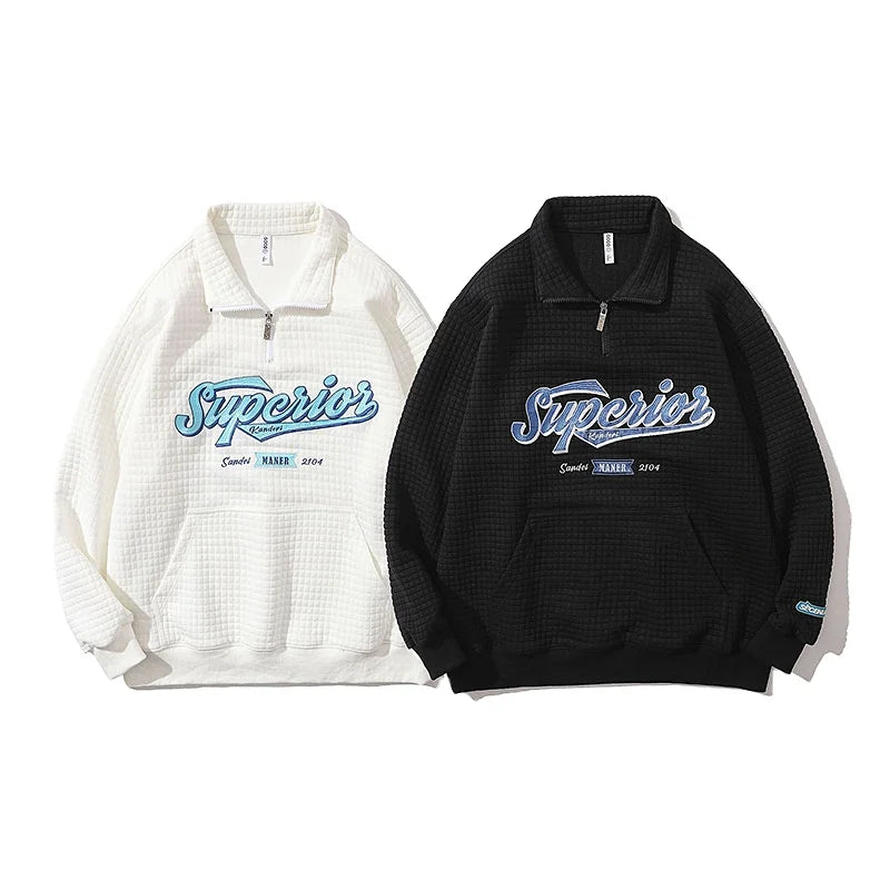 2024 Streetstyle Boys Sweatshirts Waffle Design Zip Neck Embroidery Sweatshirt Black and White Quarter Zip Sweatshirt Men